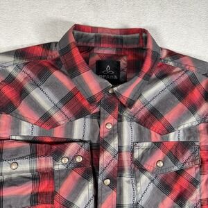 prAna Pearl Snap Button Up Shirt Mens M Organic Cotton Blend Plaid Flannel-EUC